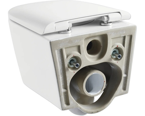 Wandcloset met toiletzitting, achteraanzicht met aansluitingen