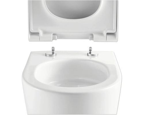 Witte toiletbril met open deksel