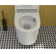 Toilet met toiletborstel op een zwart-wit patroonvloer