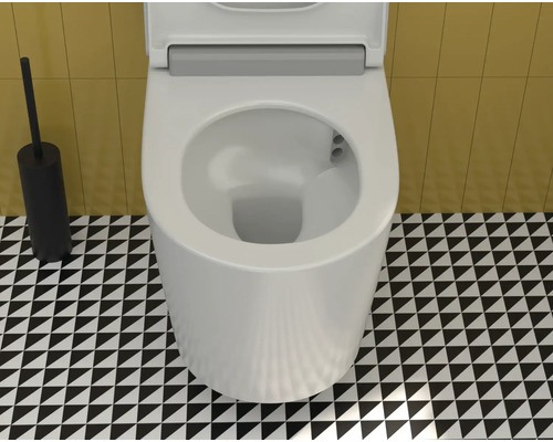 Toilet met toiletborstel op een zwart-wit patroonvloer