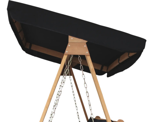 Detailopname van een tuinschommel met houten frame en een zwart zonnescherm.