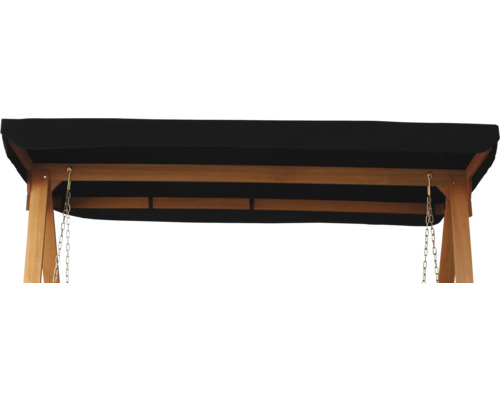 Detailopname van een tuinschommel met houten frame en stoffen dak