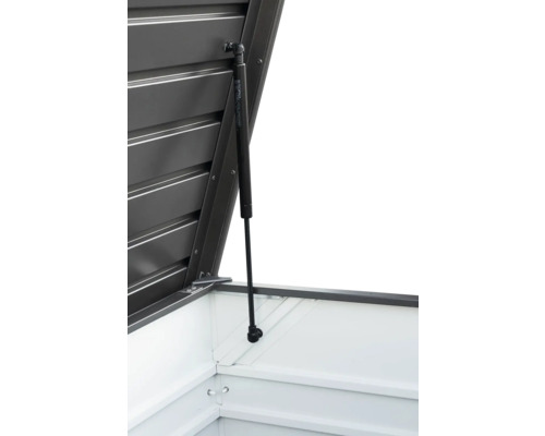 Detailweergave van een geopende gereedschapsschuur met gasveer