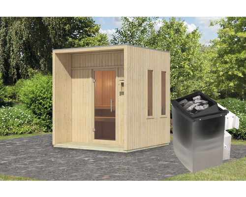 Houten buitensauna met glazen deur en saunakachel