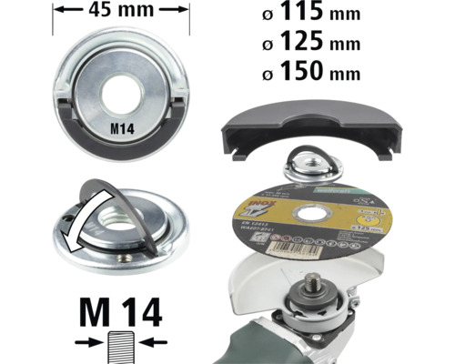 Wolfcraft snelspanmoer met diameterinformatie en toepassingsvoorbeeld