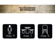 Tenneker Logo. Maximum aantal personen: negen. Maximum aantal tafels: één. Maximum aantal stoelen: vijf.