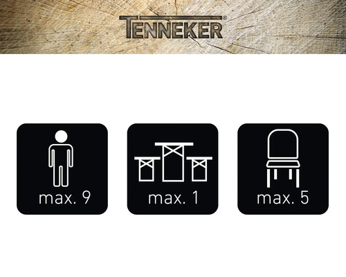 Tenneker Logo. Maximum aantal personen: negen. Maximum aantal tafels: één. Maximum aantal stoelen: vijf.