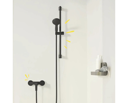 Douchestangset met handdouche, doucheslang en opbergrek voor douchebenodigdheden aan de muur