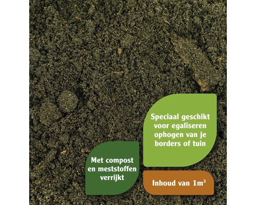 Close-up van tuinaarde, verrijkt met compost en meststoffen, speciaal geschikt voor het egaliseren of ophogen van borders of tuinen, inhoud van 1 kubieke meter