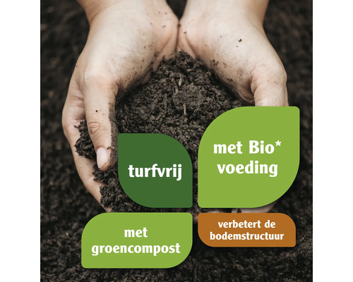 Handen houden turfvrije aarde vast met biologische voeding, groencompost en verbeterde bodemstructuur
