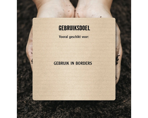 Handen houden bord vast met tekst: Gebruiksdoel, vooral geschikt voor: Gebruik in borders.