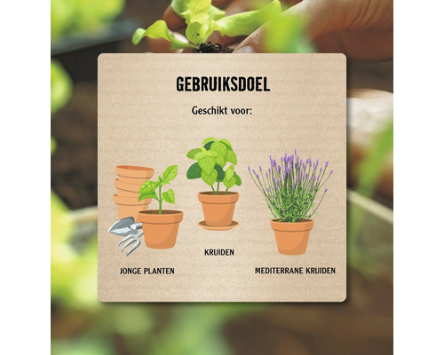 Symbool dat toepassingsgebieden weergeeft voor jonge planten, kruiden en mediterrane kruiden.