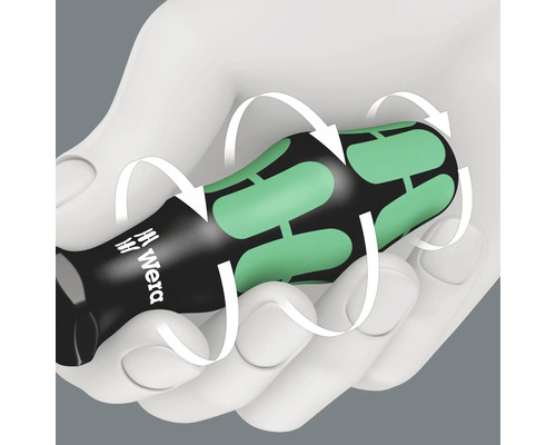 Illustratie van een Wera schroevendraaier in een hand, waarbij de ergonomische vorm met pijlen wordt benadrukt.