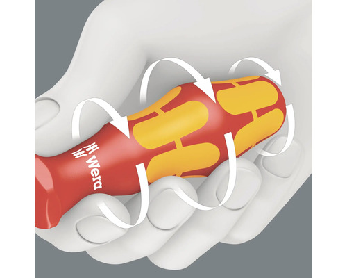 Illustratie van een Wera schroevendraaier met ergonomische handgreep en pijlen die de vorm benadrukken