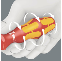 Ergonomische schroevendraaiergreep met Wera logo en pijlen ter illustratie van het draaimoment