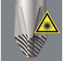 Gedetailleerd beeld van een boor met lasermarkeringssymbool. Waarschuwing voor laserstraling.