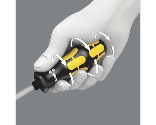 Een hand houdt een schroevendraaier van het merk Wera vast en demonstreert hoe de handgreep draait.