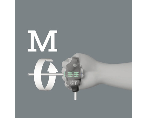 Illustratie van een hand die een Wera haakse schroevendraaier gebruikt, met draaiende beweging.