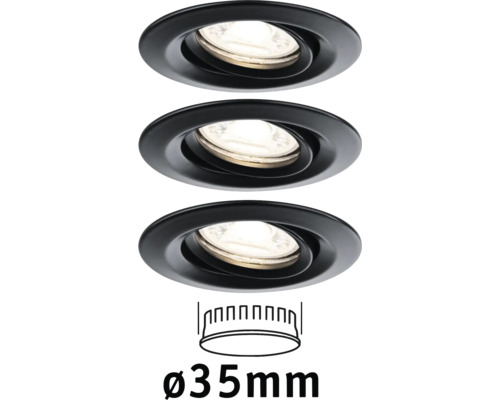Drie zwarte inbouwspots met een diameter van 35 millimeter
