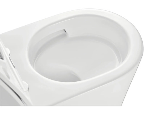 Detailweergave van een wit, spoelrandloos toilet