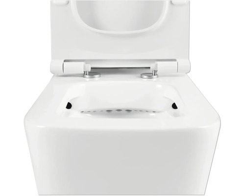 Detailaanzicht van een wit toilet met open deksel