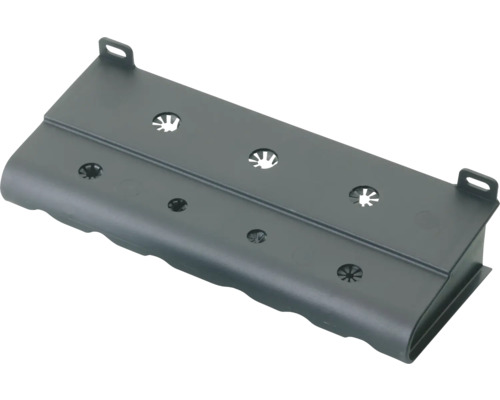 Donkergrijze kunststof ventilatiesteen met bevestigingslipjes.