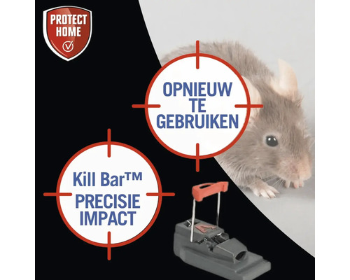 Protect Home Logo. Herbruikbare Kill Bar muizenval in gebruik met muis.