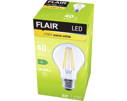 Verpakking van een Flair ledlamp A60 E27 met 2700 Kelvin warm wit