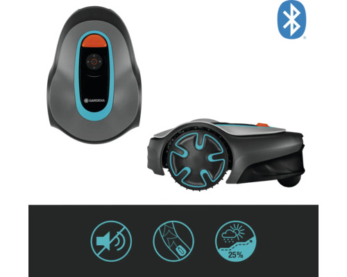 Gardena robotmaaier van boven en van de zijkant met Bluetooth-symbool en symbolen voor geluidsarm, corridorfunctie en 25 procent hellingscapaciteit