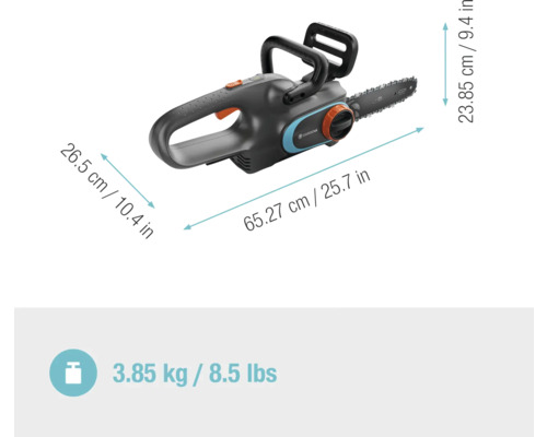 Gardena accu kettingzaag met afmetingen en gewicht informatie