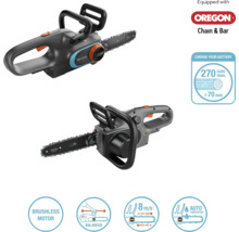 Twee aanzichten van een Gardena accu kettingzaag met Oregon ketting en zaagblad, plus symbolen voor borstelloze motor, uitgebalanceerd ontwerp, kettingsnelheid van 8 meter per seconde en automatische smering.