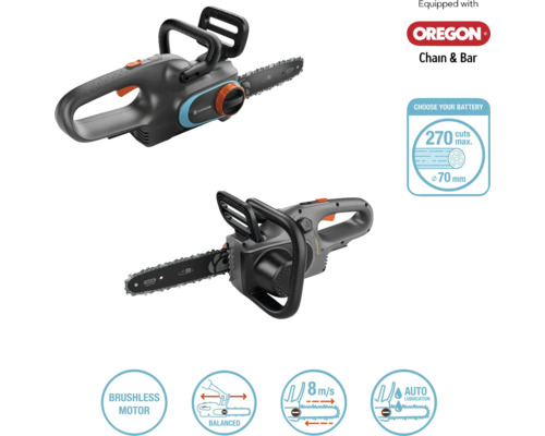 Twee aanzichten van een Gardena accu kettingzaag met Oregon ketting en zaagblad, plus symbolen voor borstelloze motor, uitgebalanceerd ontwerp, kettingsnelheid van 8 meter per seconde en automatische smering.