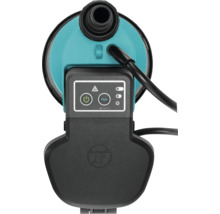 Bovenaanzicht van een tuinpomp met bedieningselementen en aansluitingen