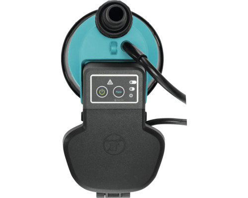 Bovenaanzicht van een tuinpomp met bedieningselementen en aansluitingen