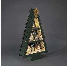Decoratieve houten kerstboom met verlichte huisjes en sterren