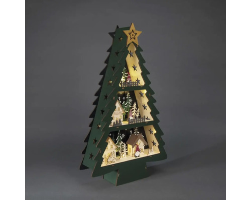 Decoratieve houten kerstboom met verlichte huisjes en sterren