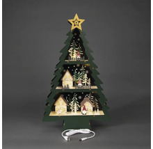 Decoratieve, verlichte kerstboom van hout met huizen, figuren en een USB-kabel.