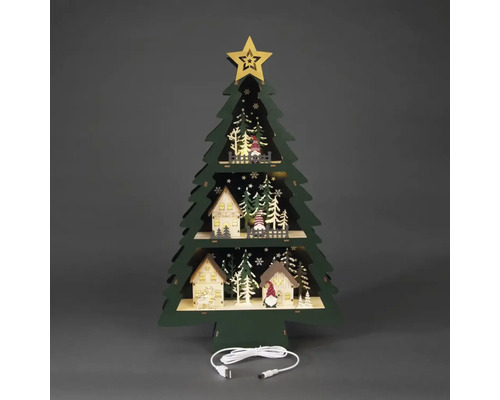 Decoratieve, verlichte kerstboom van hout met huizen, figuren en een USB-kabel.