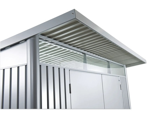 Detailaanzicht van een tuinhuis met dubbele deur, zijruiten en dak