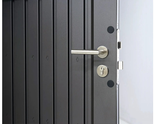 Close-up van een grijze voordeur met zilverkleurige deurklink en sleutelgat