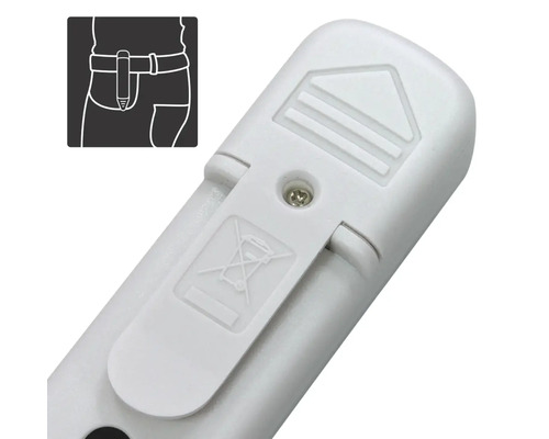 Achterkant van een meetapparaat met batterijvak, riemclip en symbool voor correcte afvalverwerking