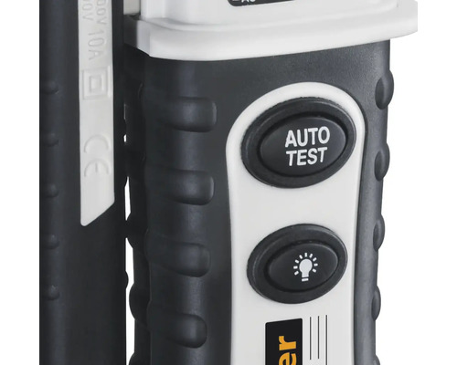 Detailopname van een spanningstester met ''Auto Test'' knop en lamp symbool