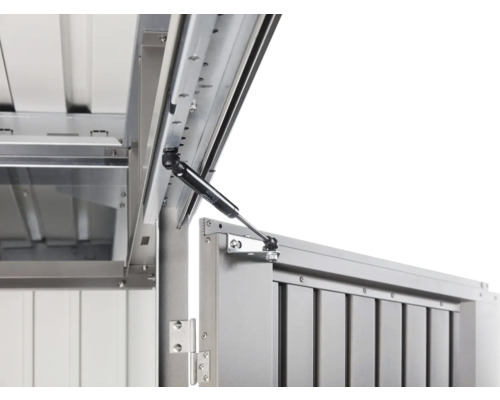 Detailopname van een geopende gereedschapsschuur met gasdrukveer