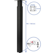 Verstelbare tafelpoten met afmetingen van 116 mm bij 116 mm en 400 mm en een hoogte van 700 mm tot 1100 mm.