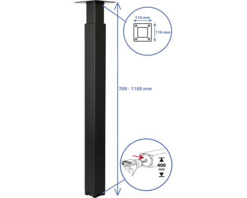 Verstelbare tafelpoten met afmetingen van 116 mm bij 116 mm en 400 mm en een hoogte van 700 mm tot 1100 mm.