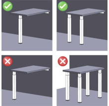 Illustratie van de correcte montage van een in hoogte verstelbaar bureau met één of twee tafelpoten