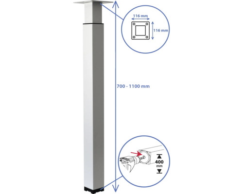 Hoogteverstelbare tafelpoten met afmetingen