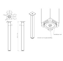 Technische tekening van een tafelpot met hoogteverstelling