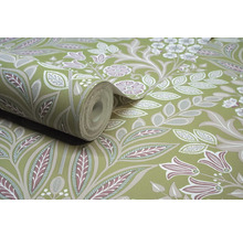 Rol behang met bloemmotief op groene achtergrond