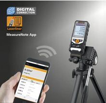 Laserafstandsmeter met statief en smartphone met Laserliner MeasureNote app